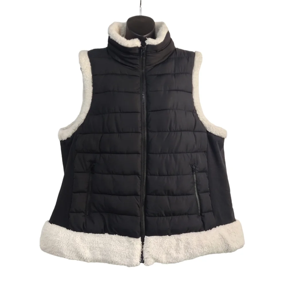 Maurices Women's Puffer Jacket Vest Black White Faux Fur Full Zip Size 2